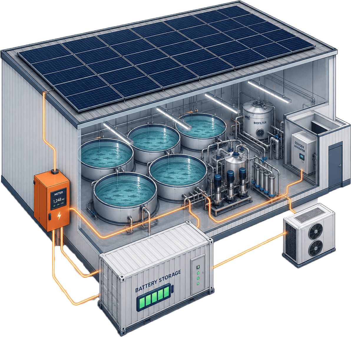 Isometrisch energiemodel aquacultuur met viskwekerij, batterijopslag en biofilter