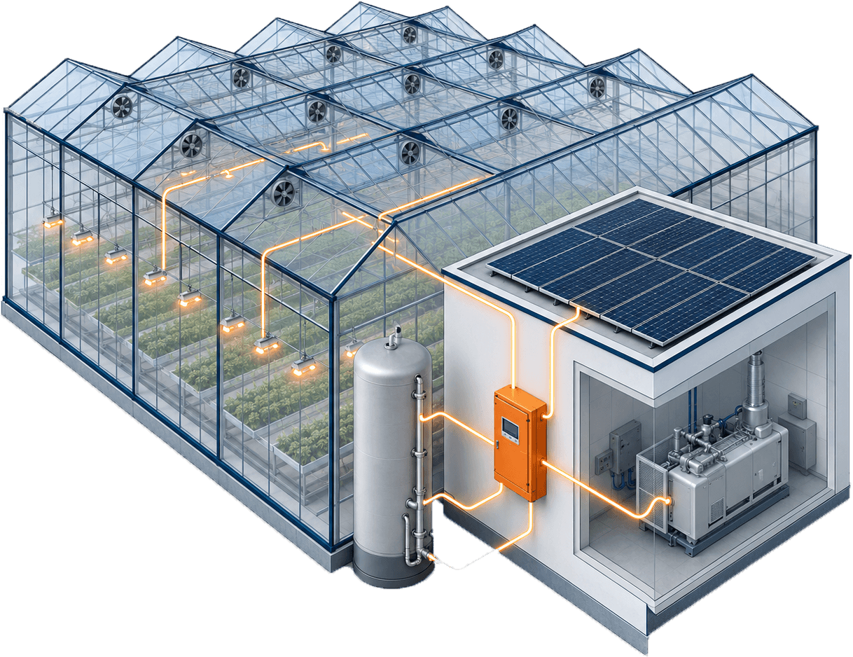 Isometrisch energiemodel glastuinbouw met kas, WKK en zonnepanelen