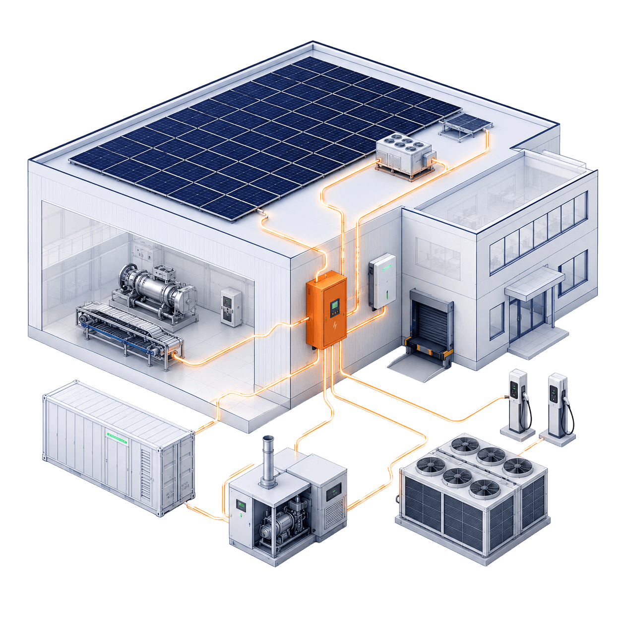 Isometrisch energiemodel industriële locatie met zonnepanelen, batterijopslag, koeling en laadpalen