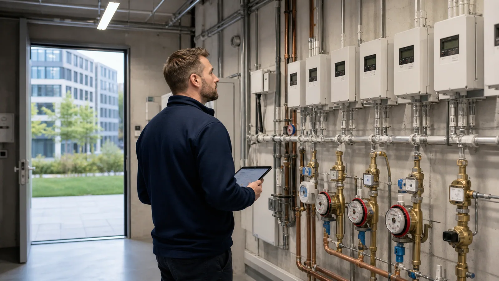 Vastgoedbeheerder inspecteert elektriciteits- en warmtemeters van een kantoorgebouw