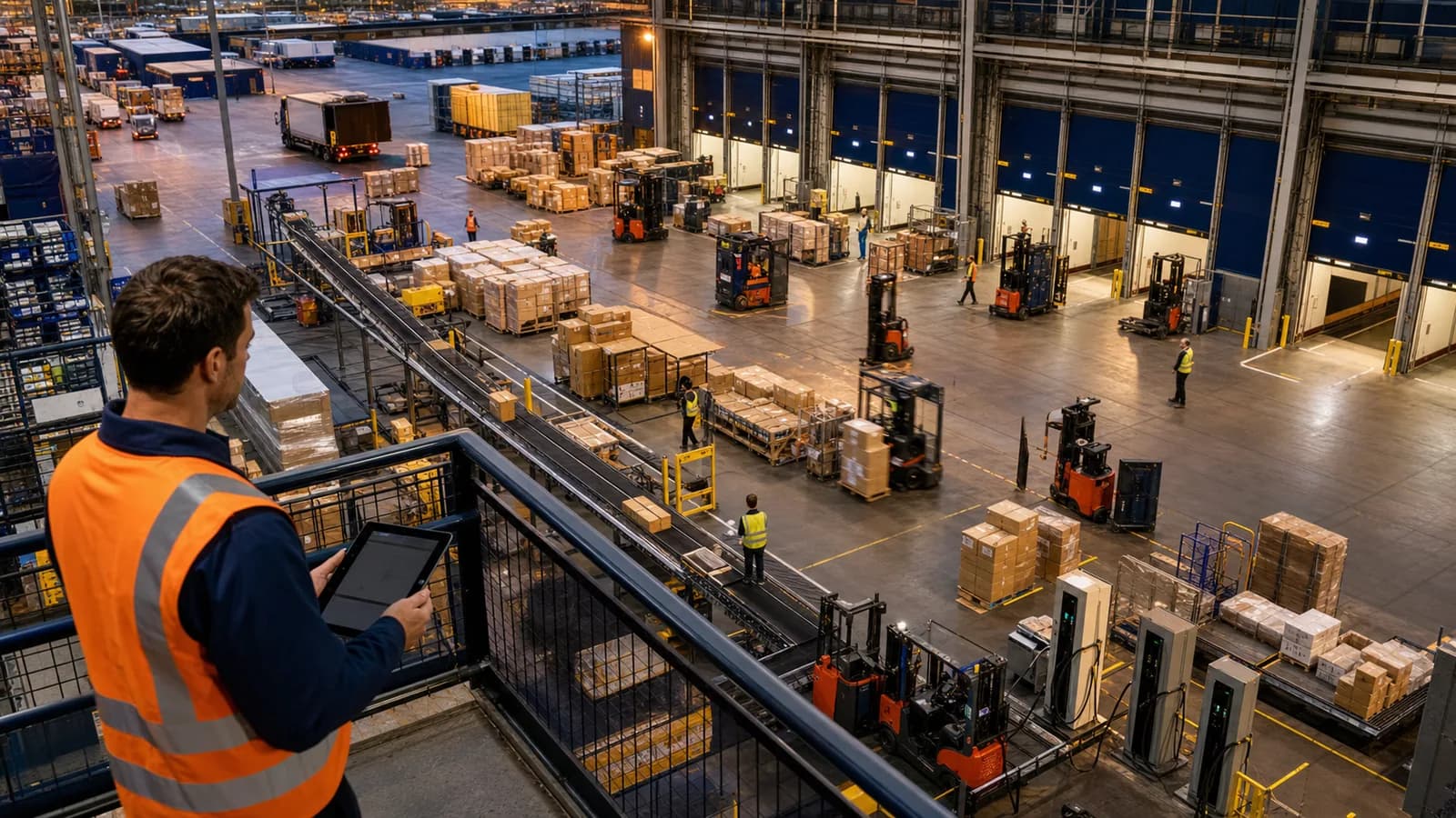 Logistiek centrum tijdens een shiftwissel met transport en elektrische laadpunten