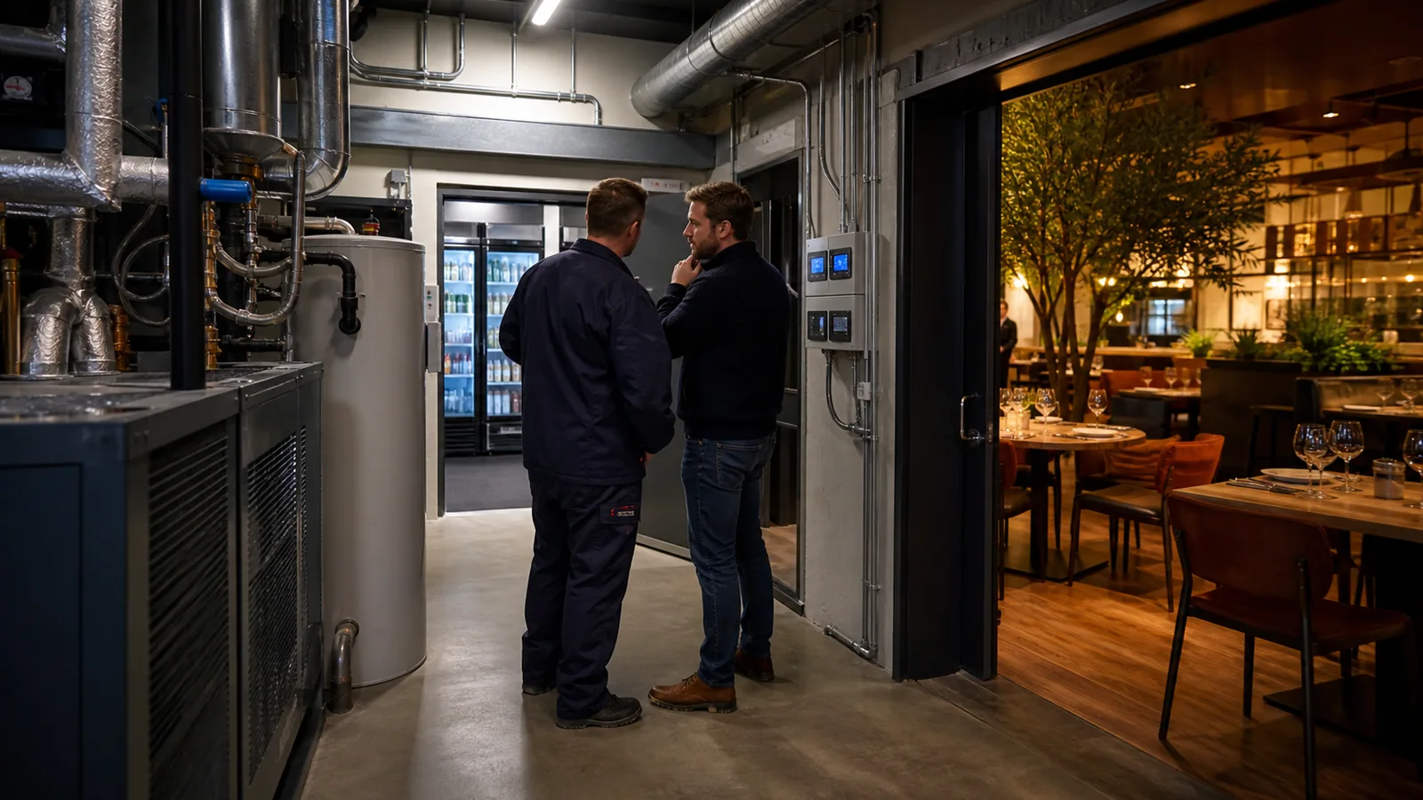 Technisch manager inspecteert koeling, warm water en ventilatie van een restaurant