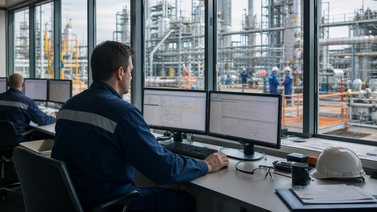 Industrieel controlecentrum met zicht op een actieve procesinstallatie