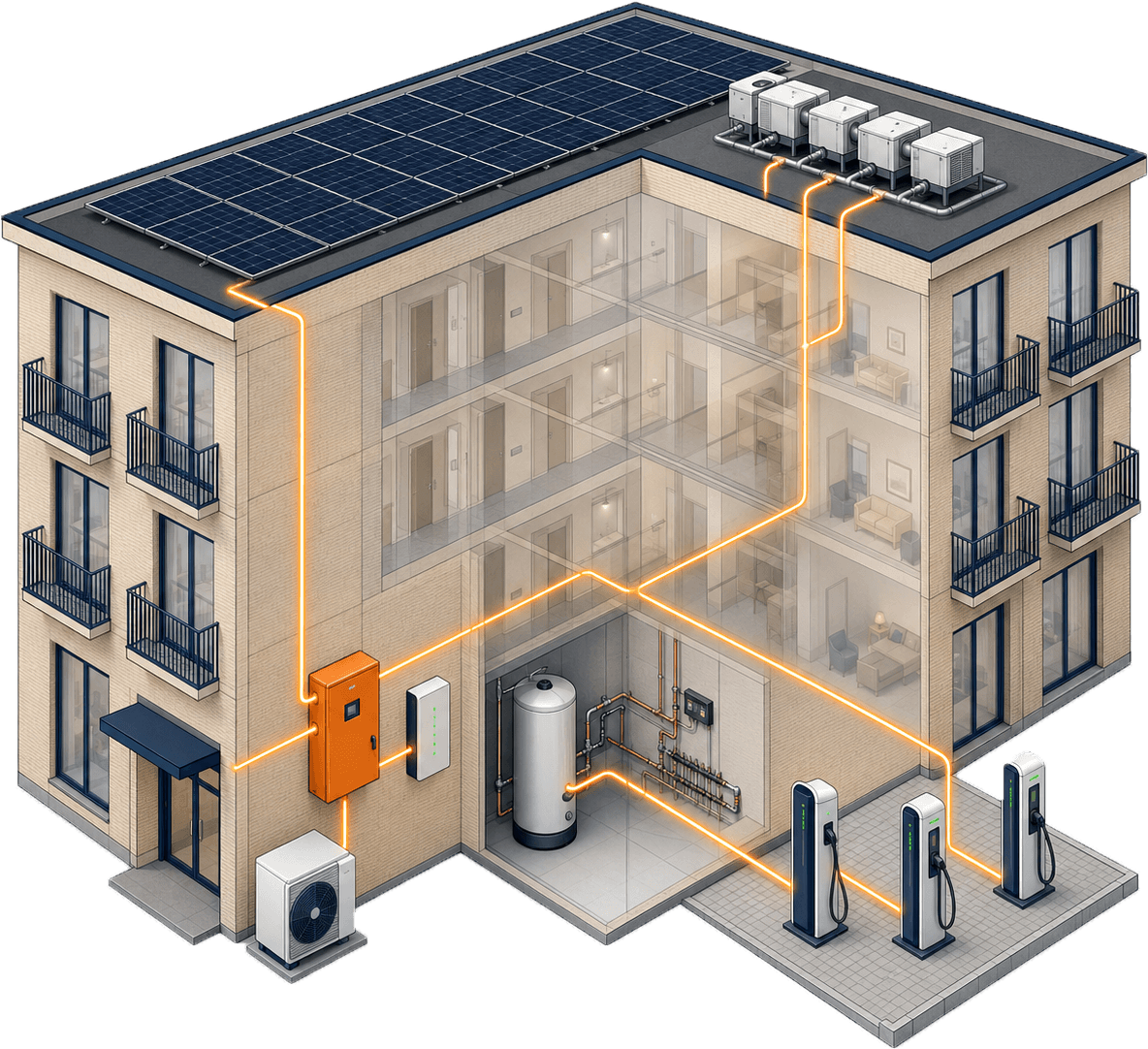 Isometrisch energiemodel appartementencomplex met zonnepanelen, warmtepomp en laadpalen