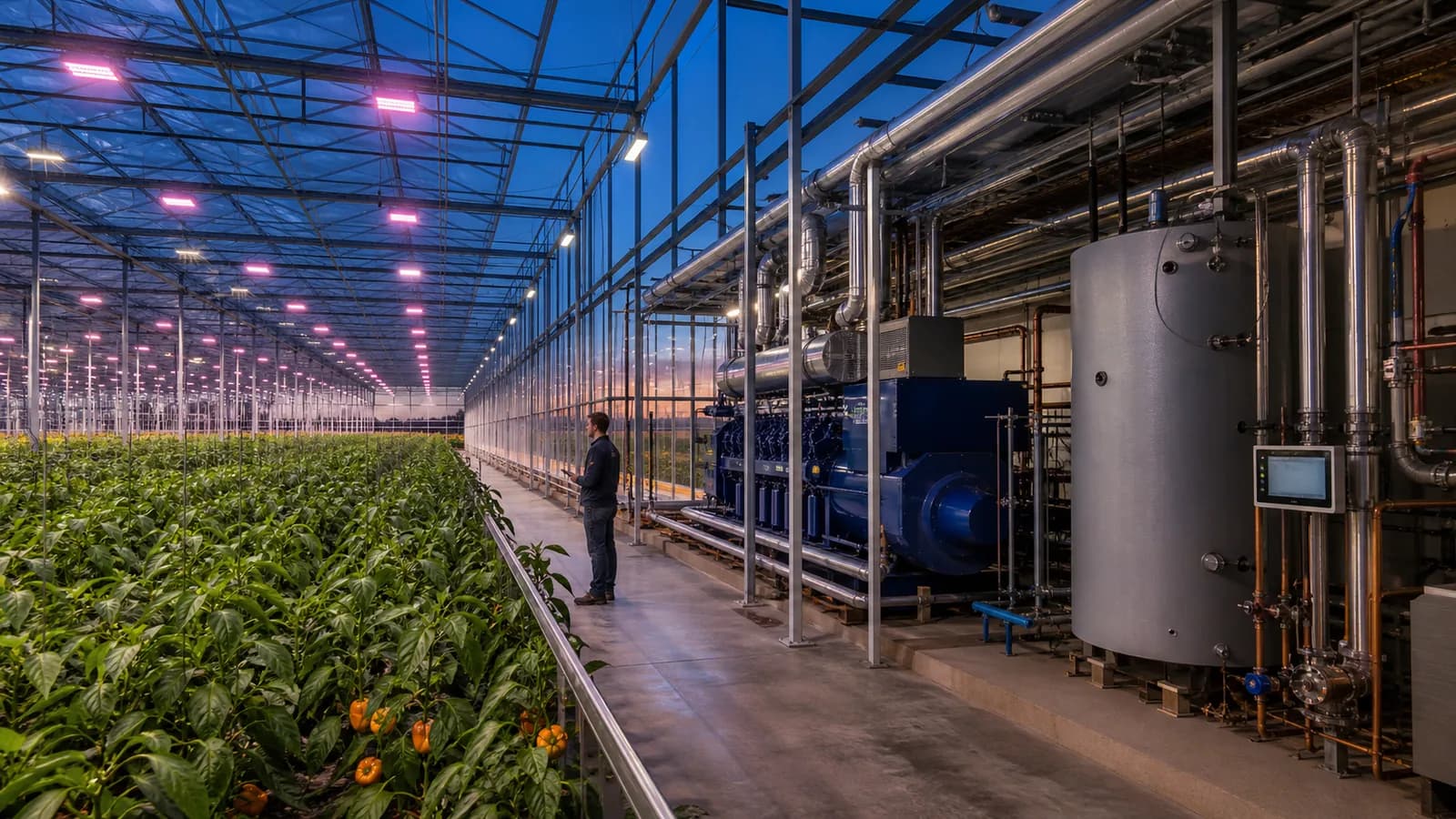 Nederlandse kas met WKK, warmtebuffer, belichting en gezonde gewassen