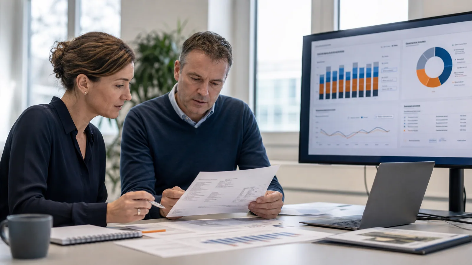 Energiemanager en controller vergelijken een energiefactuur met verbruiks- en kostendata