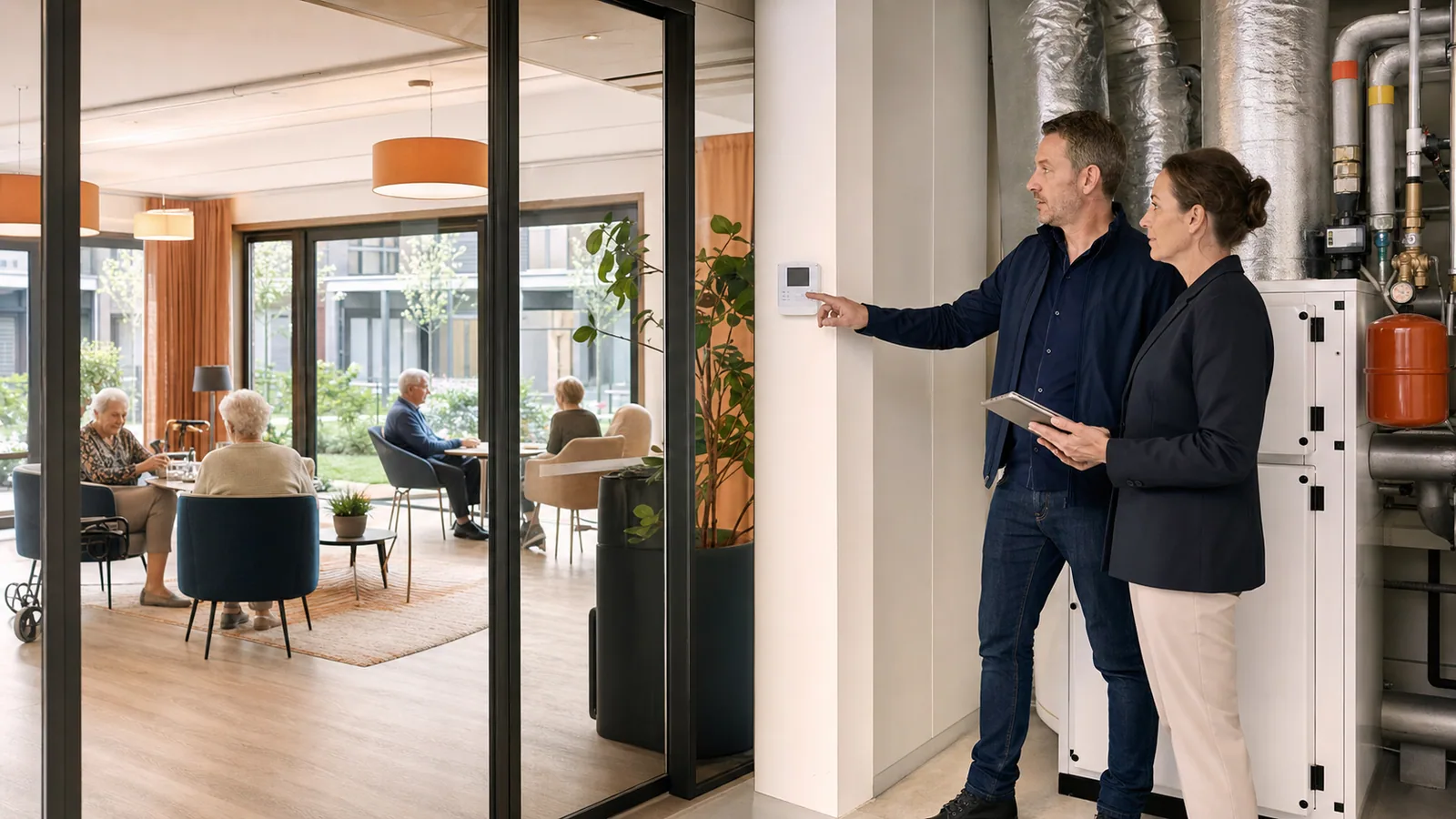Zorgmanager en gebouwbeheerder optimaliseren klimaatinstallaties naast een comfortabele huiskamer