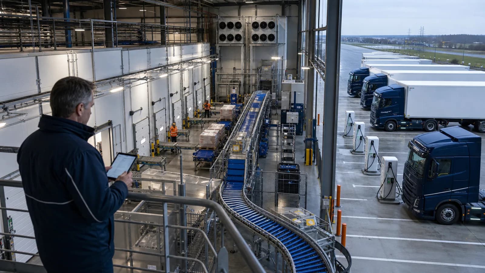 Distributiecentrum met koelinstallaties, conveyors en elektrische laadinfrastructuur