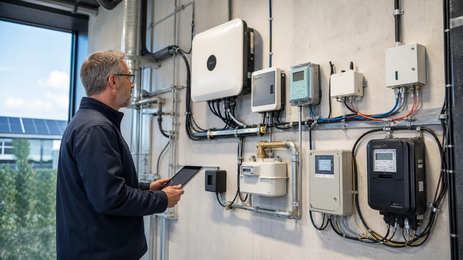 Facilitymanager inspecteert verschillende energie- en gebouwmeters in een technische ruimte