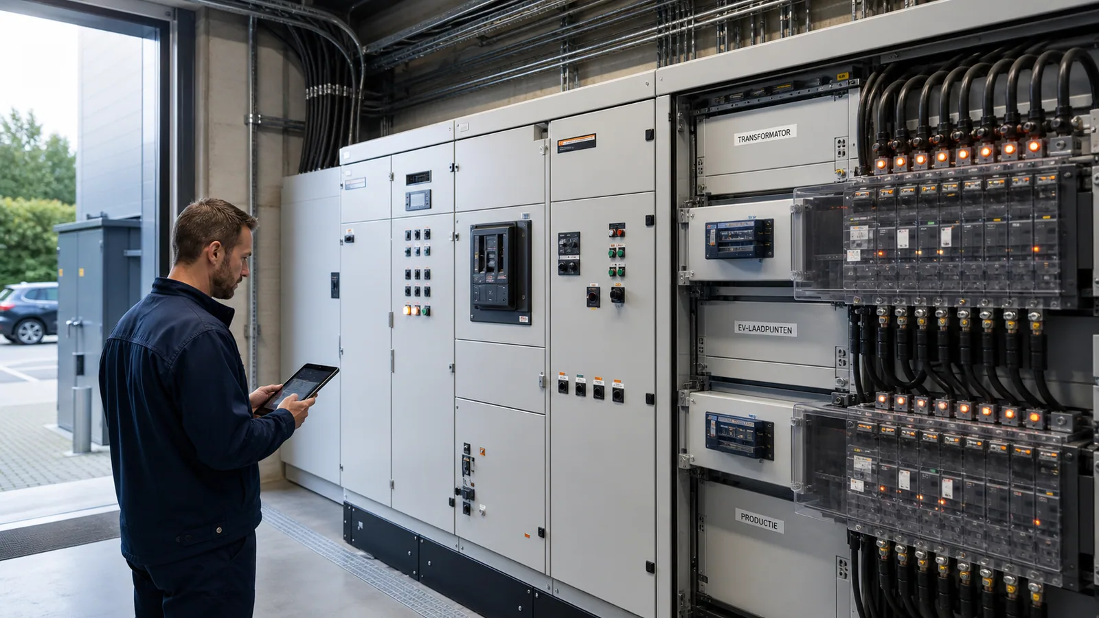 Hoofdverdeler met afzonderlijke voedingen voor transformator, laadpunten en productie