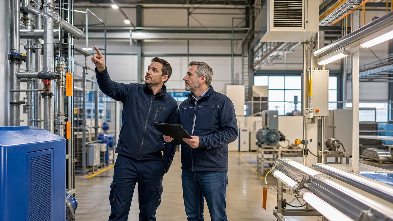 Facilitymanager en technicus onderzoeken structurele besparing in een fabriek