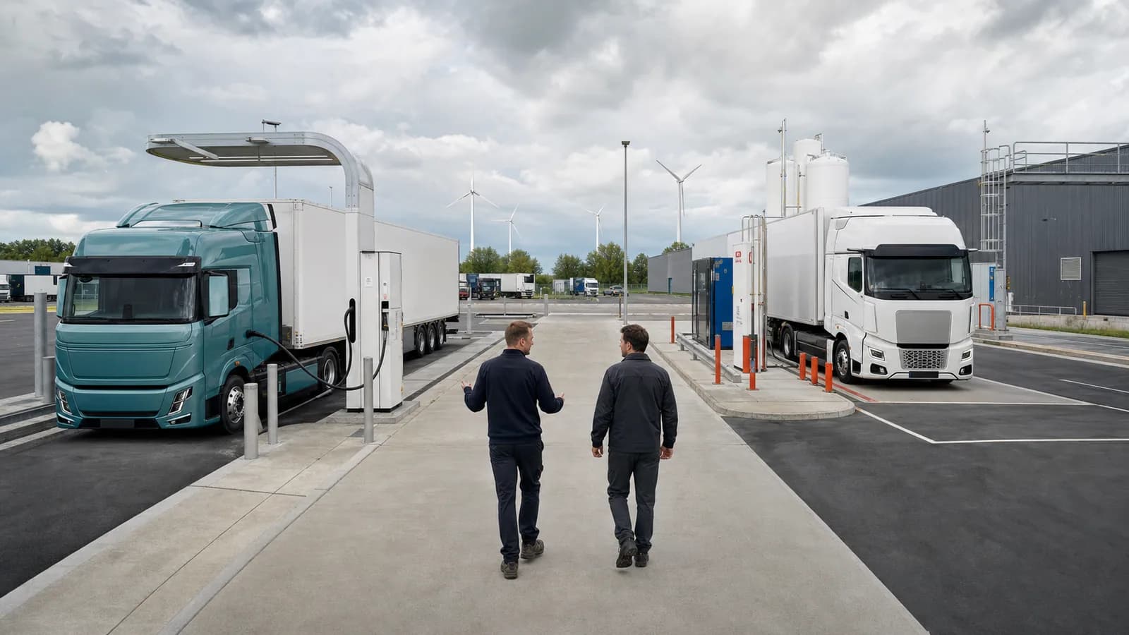 Business charging infrastructure and smart charging for Hydrogen vs. electric trucks